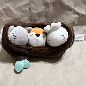 Animal Adventure Small Plush Set Brown Log with Fox Cat Rabbit Sleepy Friends